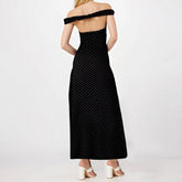 Dotted Off Shoulder Wrap Around Open Back Long Dress